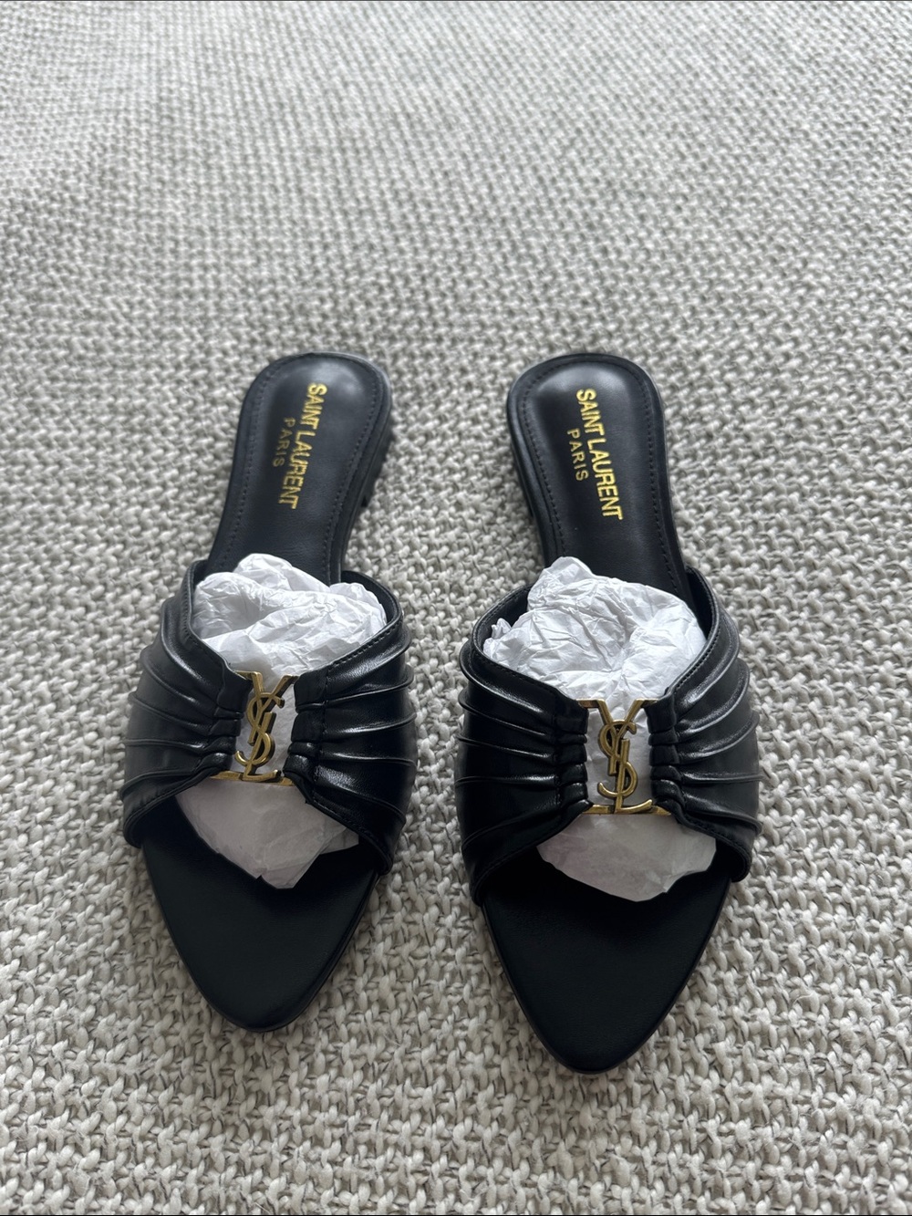 Black Leather Ruched YS Logo Flats